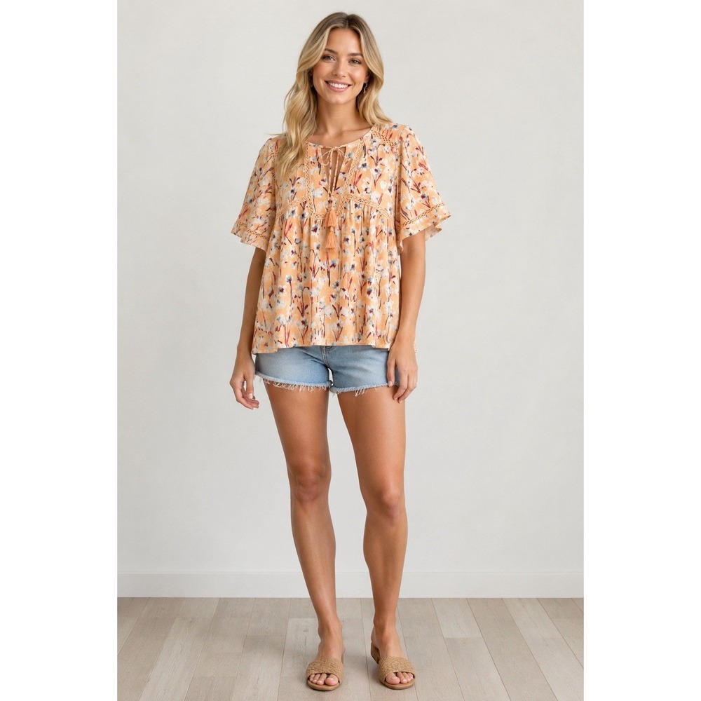 Haute Hippie Boho Floral Tassel Lace‎ Peasant Blouse Peach Women's XL Top
